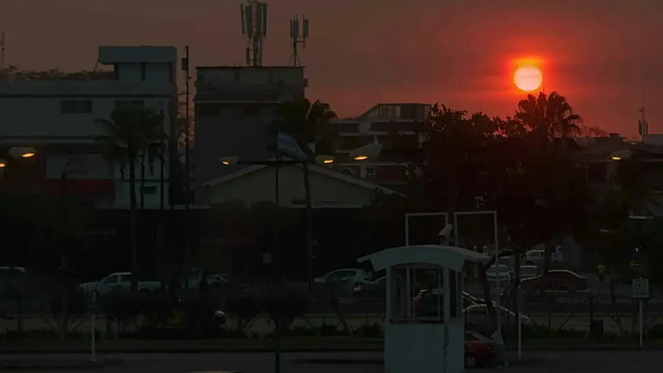 Atardecer en Guayaquil, con el sol rojo sobre una avenida con autos y palmeras